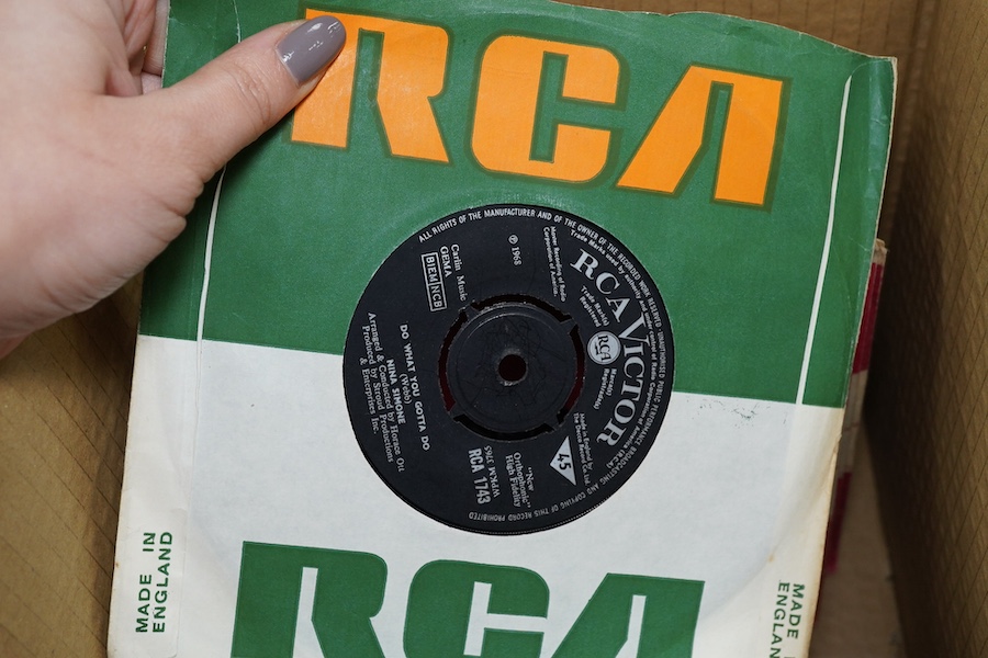 Three boxes of 7 inch singles, all on the RCA and Top Rank record labels, artists include; Nina Simone, Perry Como, the Everly Brothers, Elvis Presley, Duane Eddy, Sandy Nelson Craig Douglas, Neil Sedaka, Don Gibson, the